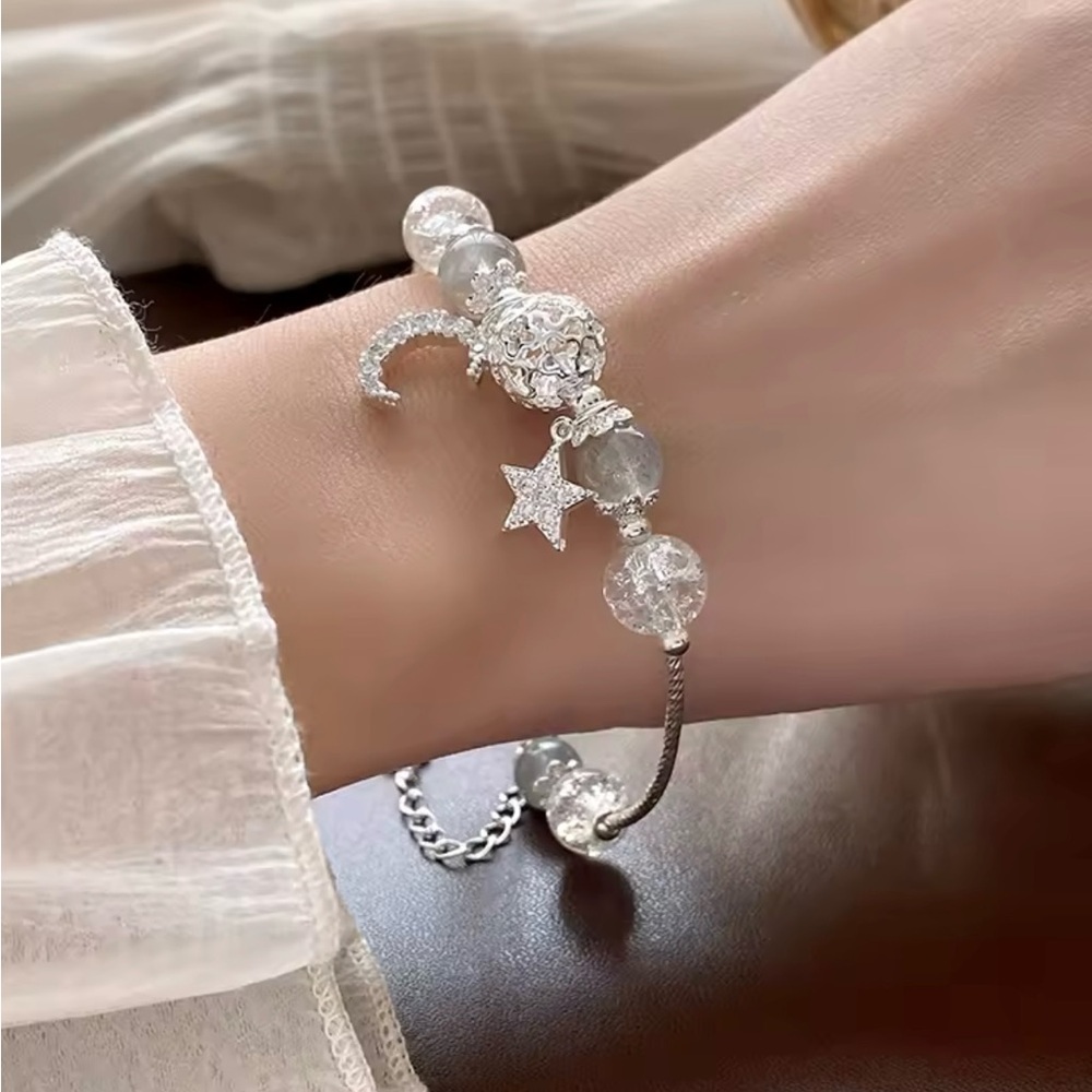 Silver Star and Moon  Charm Beaded Bracelet